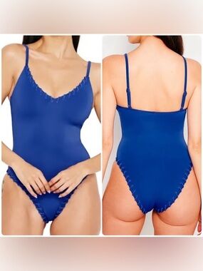 NEW Good American XS One Piece High Leg Cheeky Whip Stitch Swimsuit Capri Blue